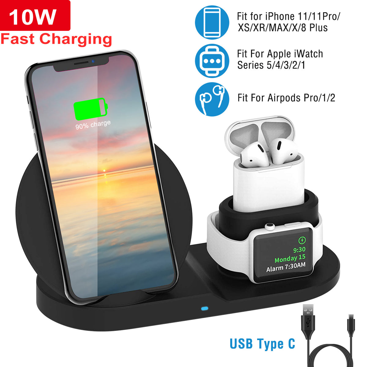 3-in-1 Wireless Charging Station 10W Fast Charge Dock