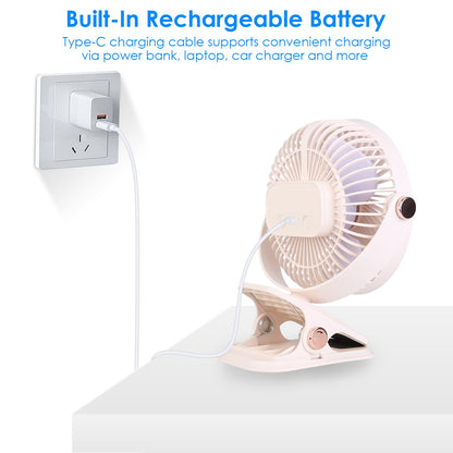 Clip-On Fan with 5 Speeds, LED Light & 720° Rotation
