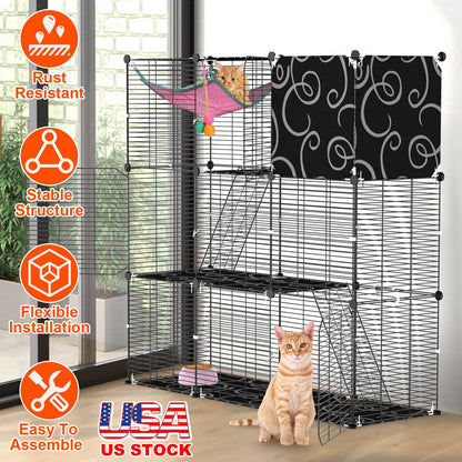 3-Tier Cat Cage Enclosure with Hammock and Ladder