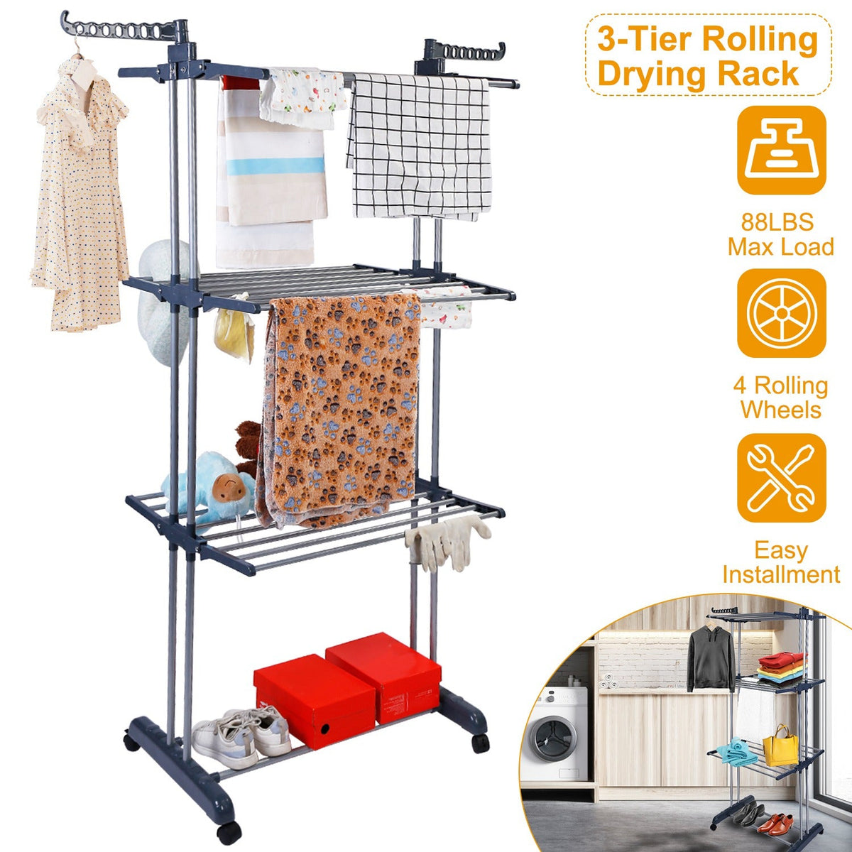 Clothes Drying Rack Rolling Collapsible Laundry Dryer Hanger Stand Rail ShelveWardrobe Clothing Drying Racks w/ Dual Side Wings