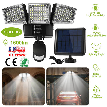 Solar Motion Sensor Light 188 LEDs 1600lm with 3 Rotatable Heads