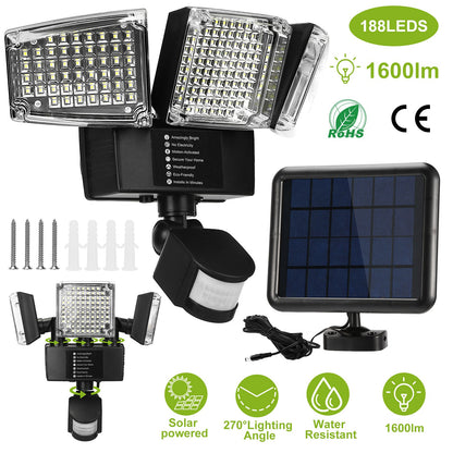 Solar Motion Sensor Light 188 LEDs 1600lm with 3 Rotatable Heads