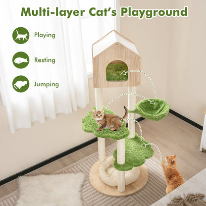 55 Inch Tall Cat Climbing Stand with Sisal Scratching Posts and Soft Cat Bed for Indoor Kittens-Green