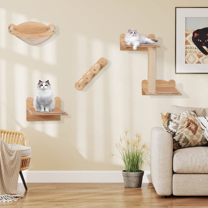 Cat Wall Furniture Set of 4 with Hammock 2-step Cat Tree and Perch-Natural