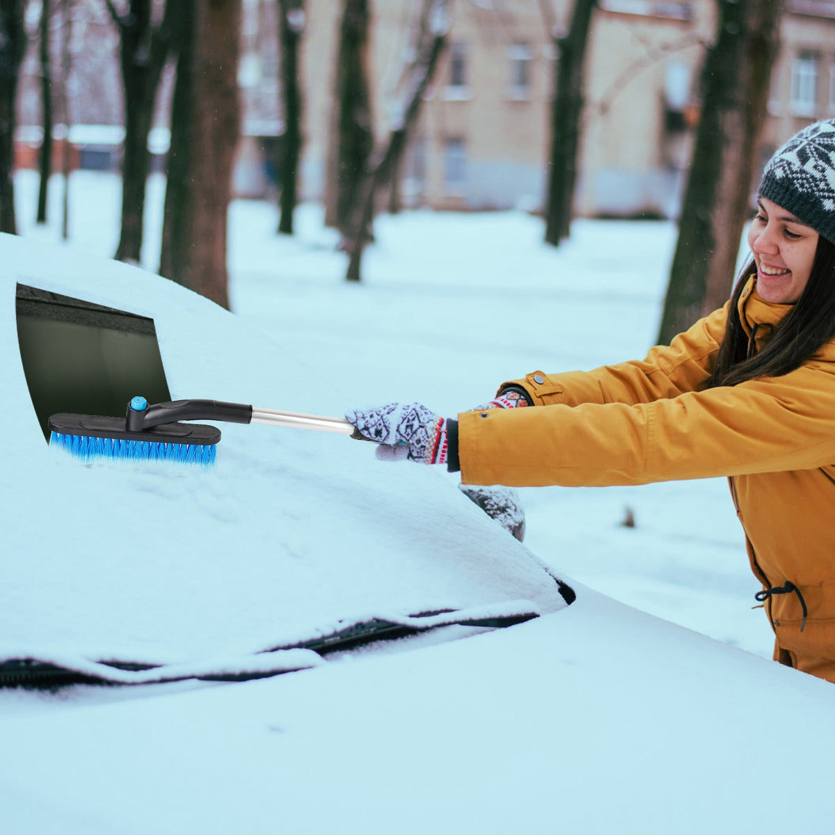 Extendable Snow Brush and Ice Scraper with Pivoting Head