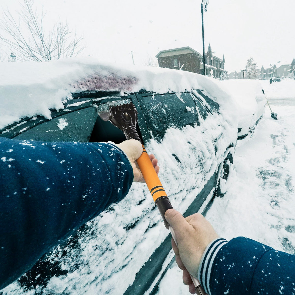 Extendable Snow Brush and Ice Scraper with Pivoting Head
