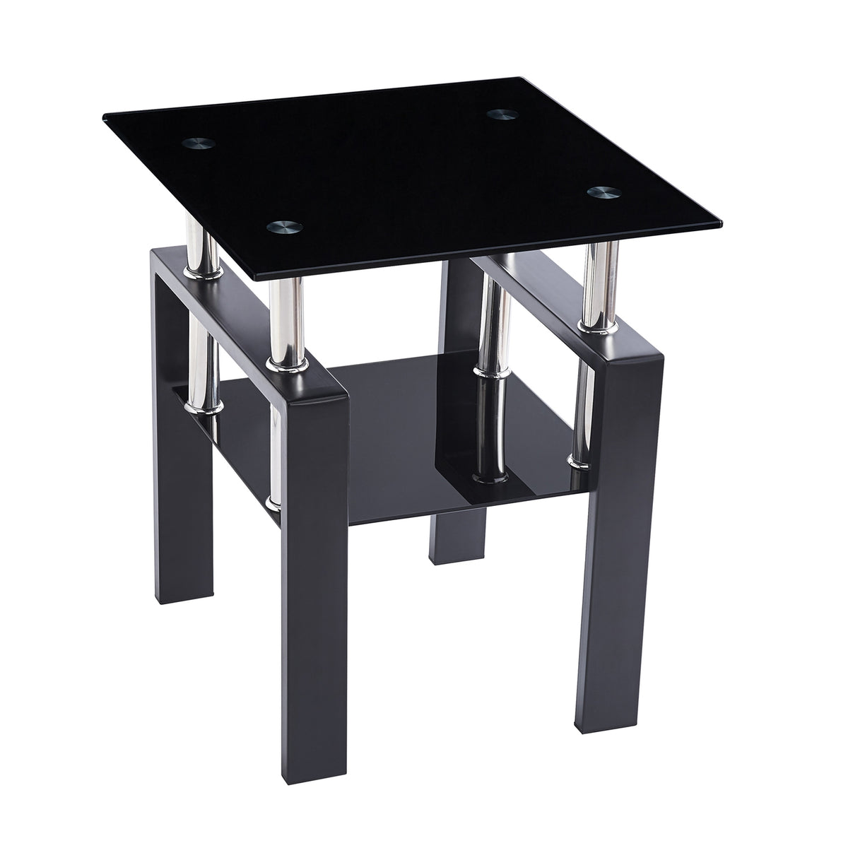 2Pcs Tempered Glass Sofa Table, 2-Tier Black End Table with Powder-Coated Iron Frame, Modern Glass Side Table for Living