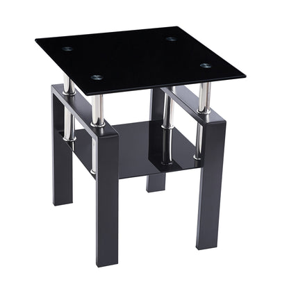 2Pcs Tempered Glass Sofa Table, 2-Tier Black End Table with Powder-Coated Iron Frame, Modern Glass Side Table for Living