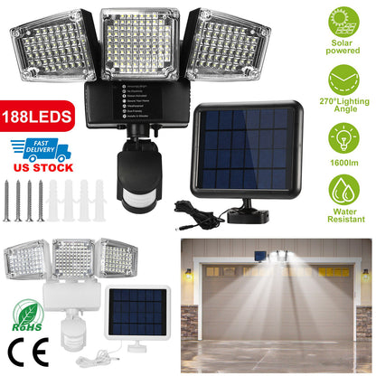 Solar Motion Sensor Light 188 LEDs 1600lm with 3 Rotatable Heads
