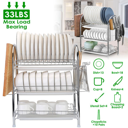 3-Tier Dish Drying Rack with Utensil Holder & Drain Trays