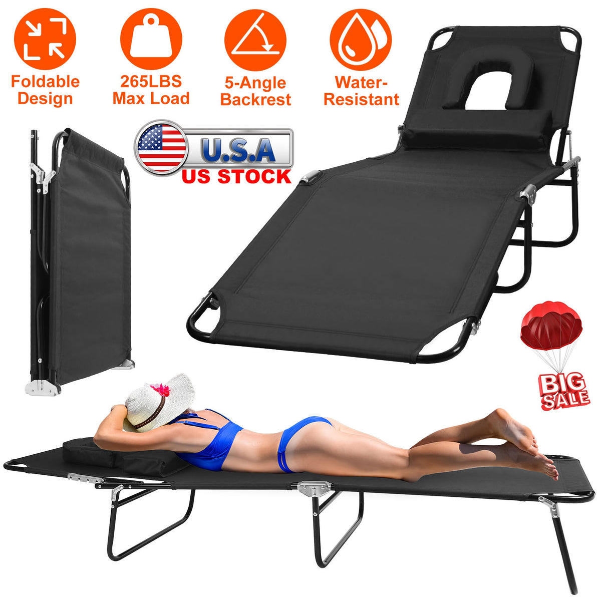 Folding Beach Lounge Chair Face Down Tanning Chaise Sunbathing Recliner 265LBS Max Load with 5-Angle Backrest 3 Removabl
