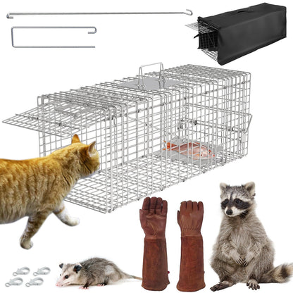 Humane Cat Trap Cage With Waterproof Cover Gloves Catch Release Live Animal Rodent Cage Collapsible Galvanized Wire for Raccoons Beavers Groundhogs Fo