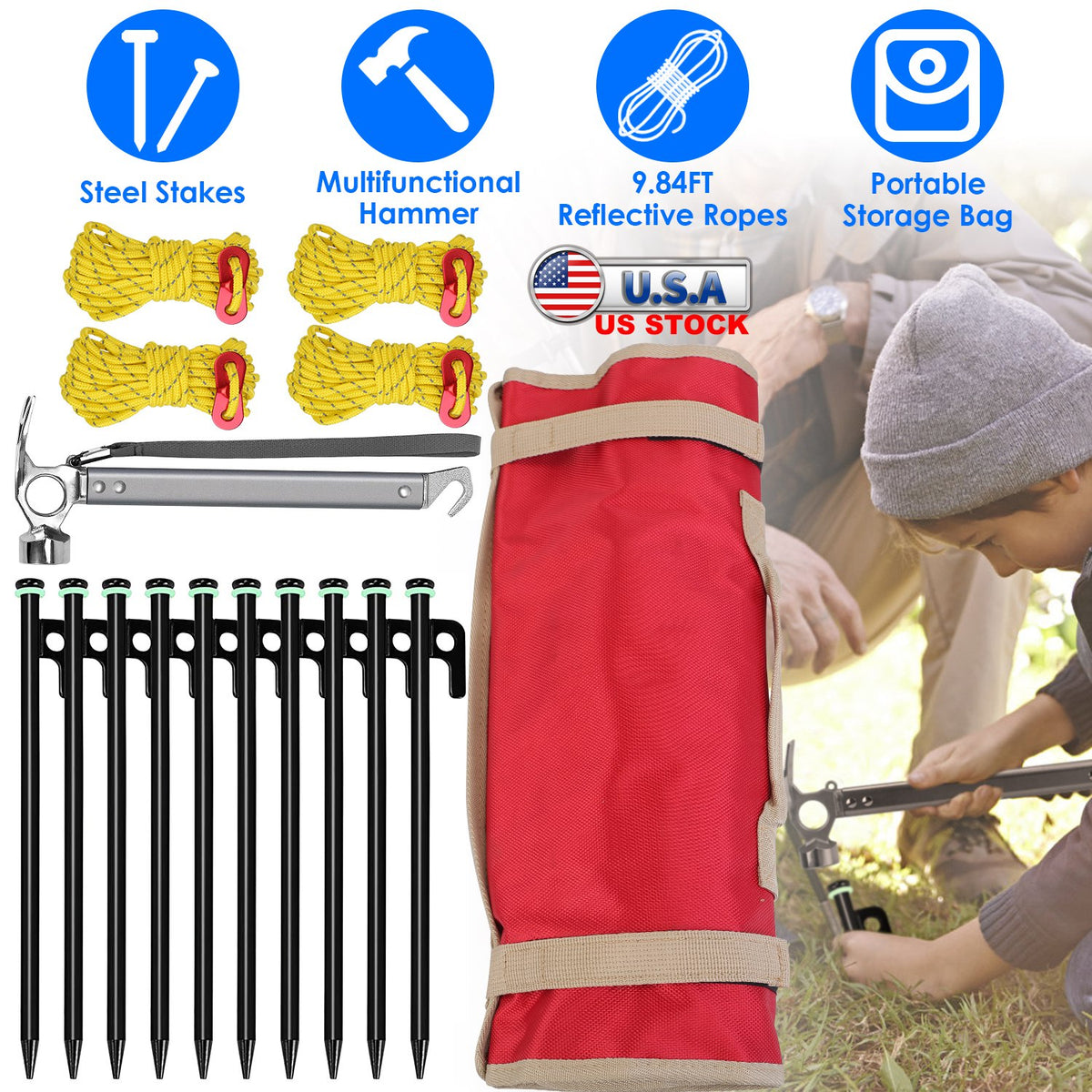 Tent Stakes Kit with Hammer and Reflective Ropes - 10 Stakes