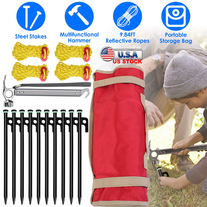 Tent Stakes Kit with Hammer and Reflective Ropes - 10 Stakes