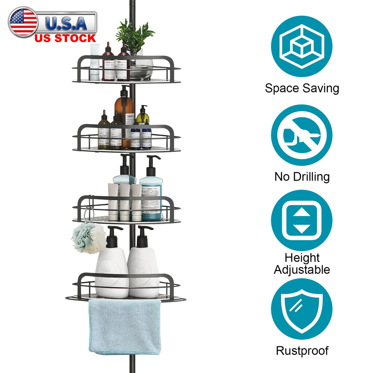 Corner Shower Caddy with 4 Adjustable Shelves