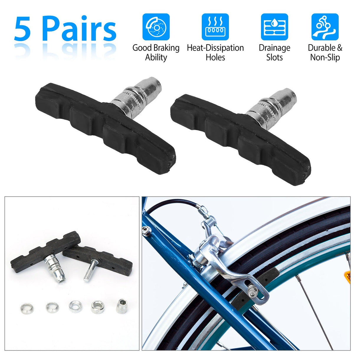 5 Pairs V Bike Brake Pads Road Mountain Bicycle V-Brake Blocks Set 70mm Non-Slip V Bicycle Stop Caliper W/ Hex Nuts and Spacers