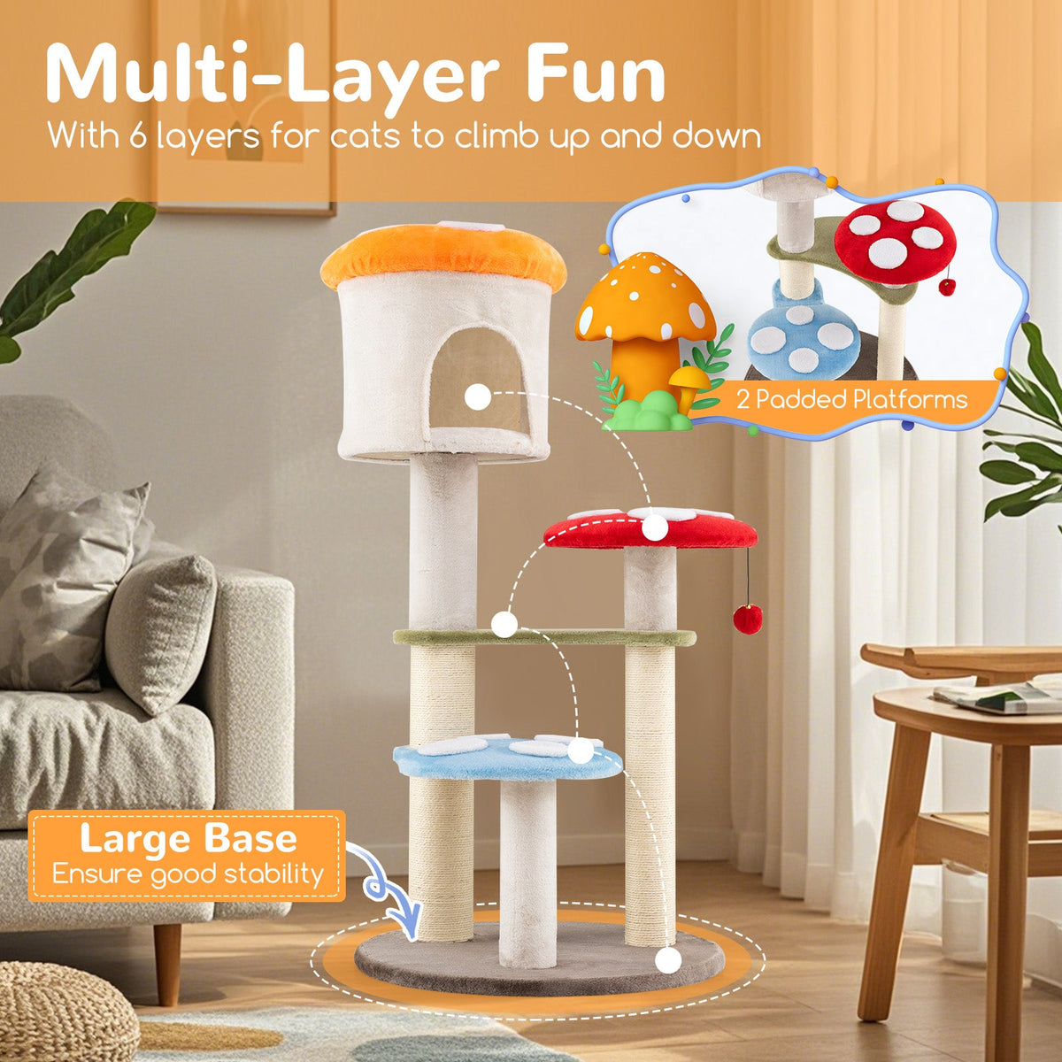 Cute Mushroom Cat Tree with Sisal Scratching Posts Top Condo and Padded Platforms-Multicolor