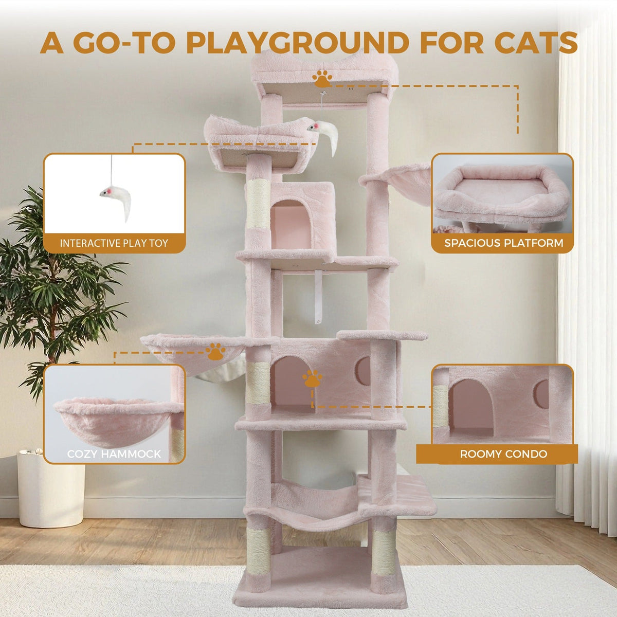 68in Multi-Level Cat Tree Tower with Hammocks & Scratching Posts