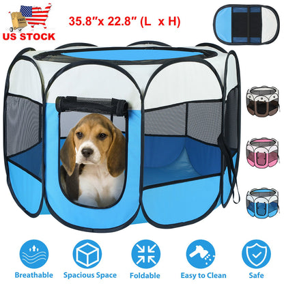 Foldable Pet Playpen with Mesh Panels and Zipper Top