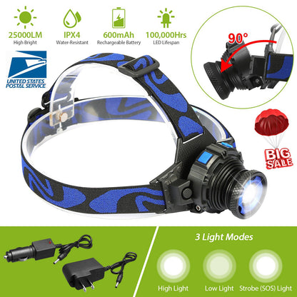 LED Headlamp 25000LM Rechargeable with Adjustable Beam