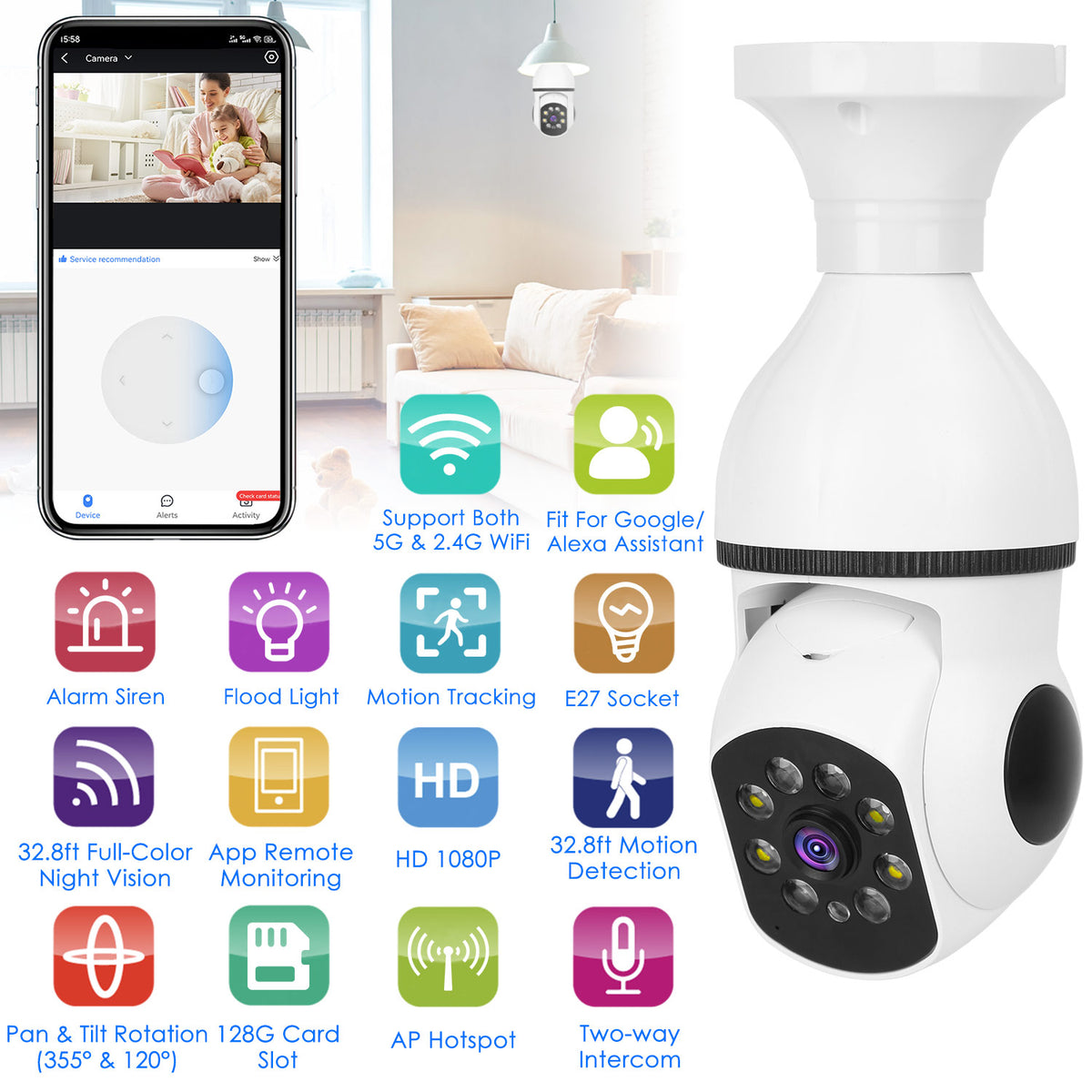 E27 WiFi Bulb Security Camera 1080P with Pan Tilt & Night Vision