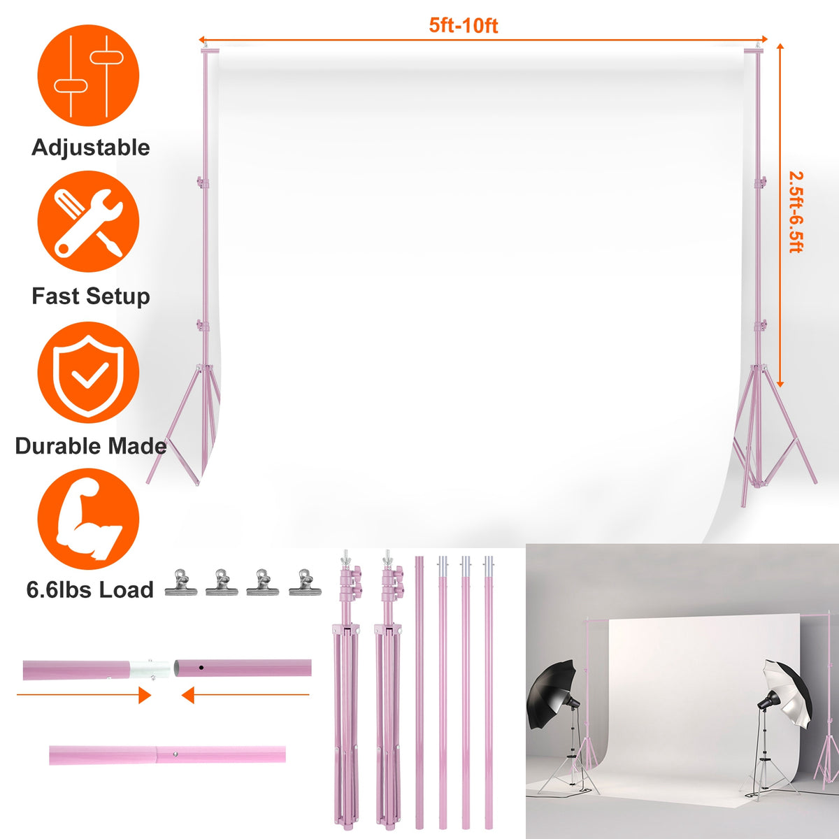 6.5 x 10ft Photo Video Studio Backdrop Background Stand Adjustable Heavy Duty Photography Backdrop Support Stand Set wit