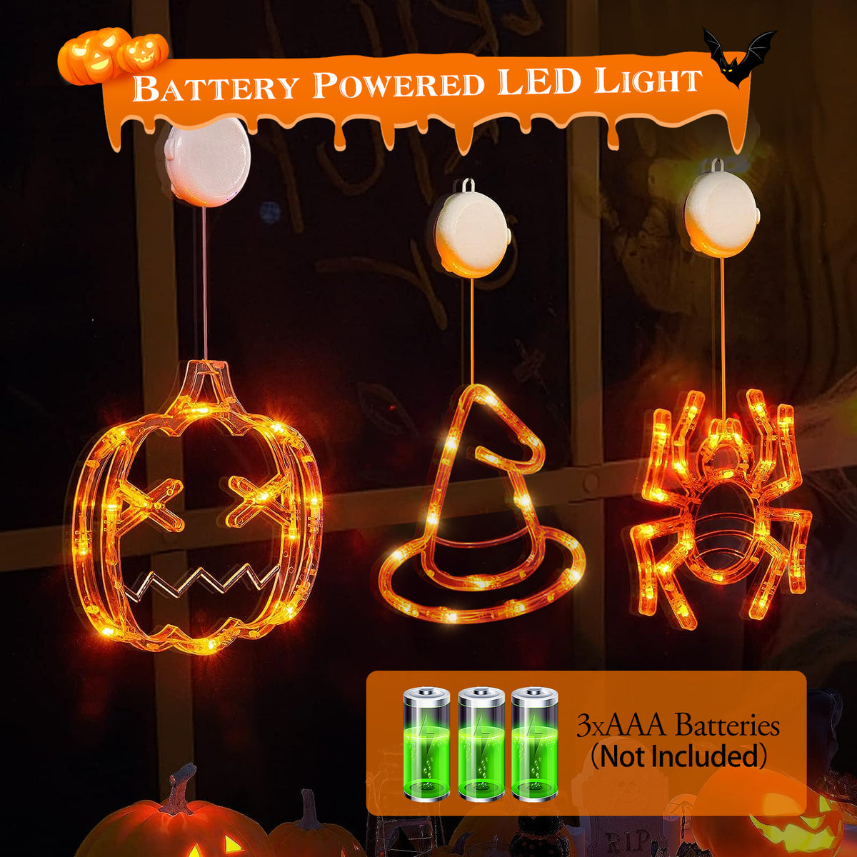 Halloween Window Light Set - Spider, Witch Hat & Pumpkin