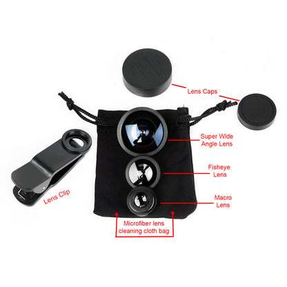 3-in-1 Clip-On Phone Camera Lens Kit with Fisheye, Wide & Macro