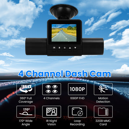 4 Channel Dash Cam with 360° Coverage and Night Vision