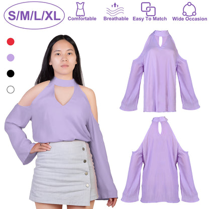 Women\'s Sexy Off The Shoulder Blouses Cold Shoulder Tops V-Neck Long Sleeve T-Shirt Solid Color Summer