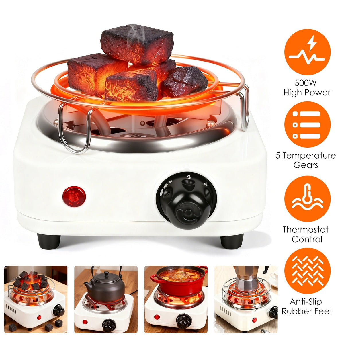 Electric Charcoal Burner 500W Hookah Charcoal Burner Compact Coal Burner for Hooka Cubes Shisha with Grill and Tongs 5 Temperature Gears 338℉-1022℉ Th