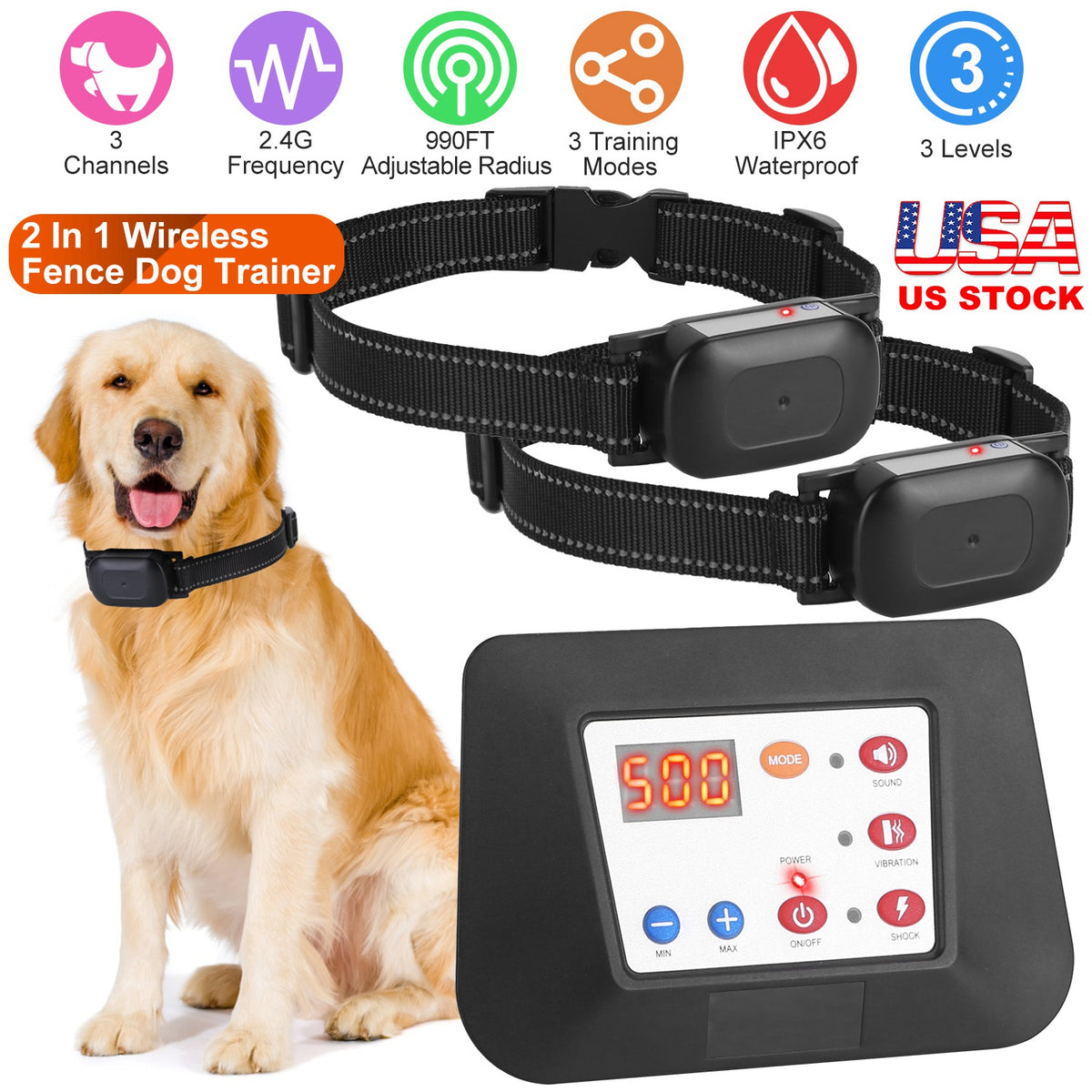 Wireless Dog Fence & Training Collar System 990FT Range