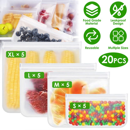 Reusable Food Storage Bags Set of 20 - Leakproof PEVA Freezer Bags