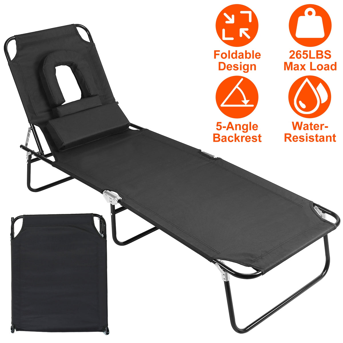 Folding Beach Lounge Chair Face Down Tanning Chaise Sunbathing Recliner 265LBS Max Load with 5-Angle Backrest 3 Removabl