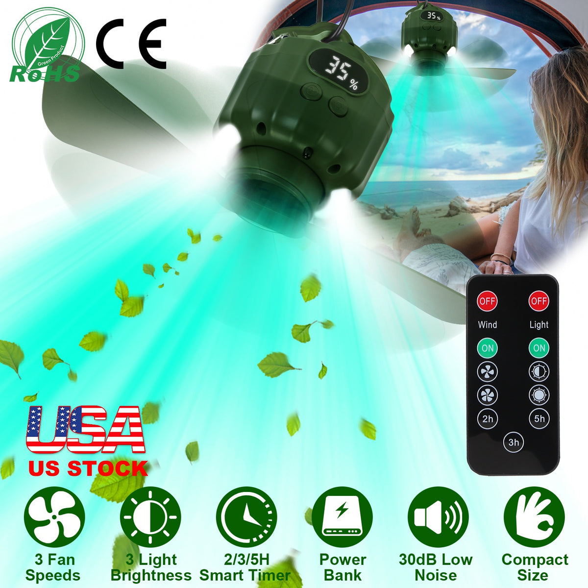 Portable Camping Ceiling Fan with LED Light & Power Bank