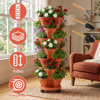 7-Tier Stackable Vertical Planter with Wheels and Drainage