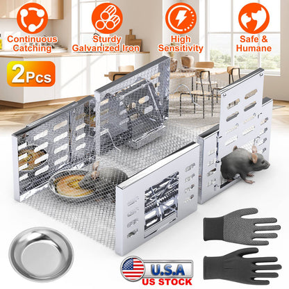 2Pcs Humane Rat Trap Catch and Release Live Mouse Cage Traps with Automatic Continuous Cycle Trapping for Chipmunk Rodent Mouse Small Animals