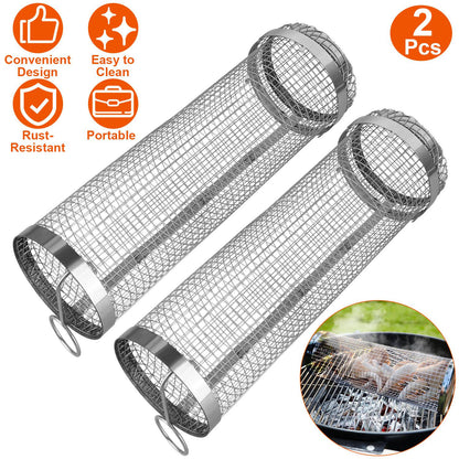 Stainless Steel Rolling Grill Basket Set - 2 Pack with Hooks