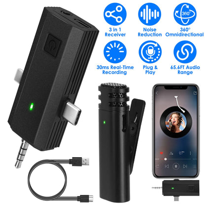 Wireless Clip-On Microphone with 3-in-1 Receiver