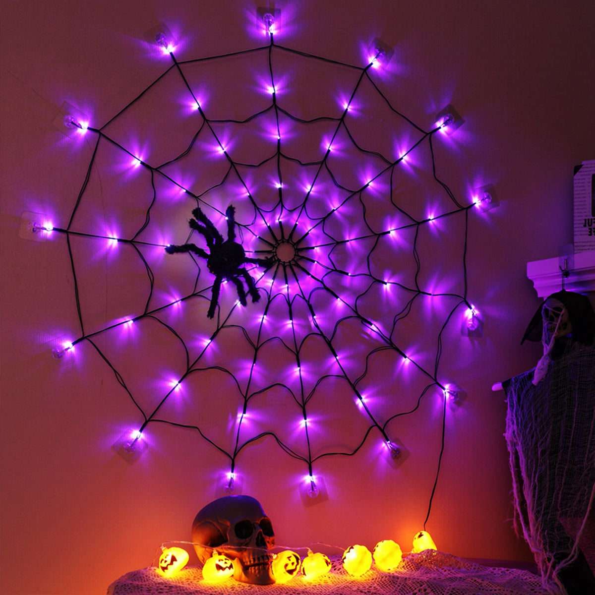 Spider Web Light with Hairy Spider - 70 LED Halloween Decoration