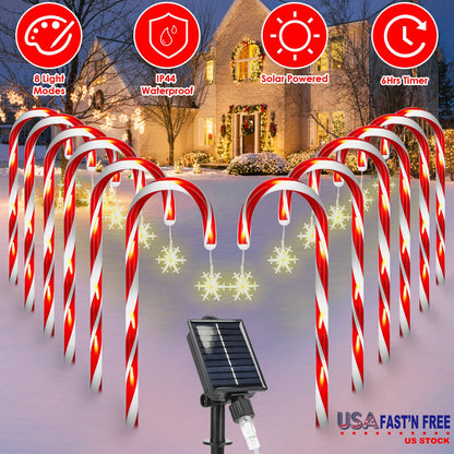 Solar Candy Cane Christmas Lights - 12 Canes, 72 LEDs, 8 Modes