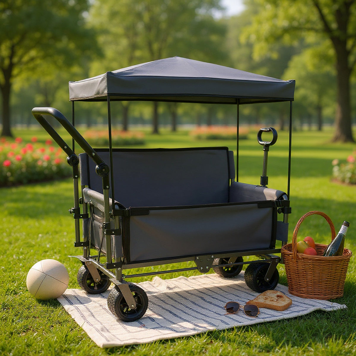 3-in-1 Folding Wagon Cart with Bench Seat Removable Canopy and Storage Collapsible Utility Wagon with Brakes 500lbs Capa