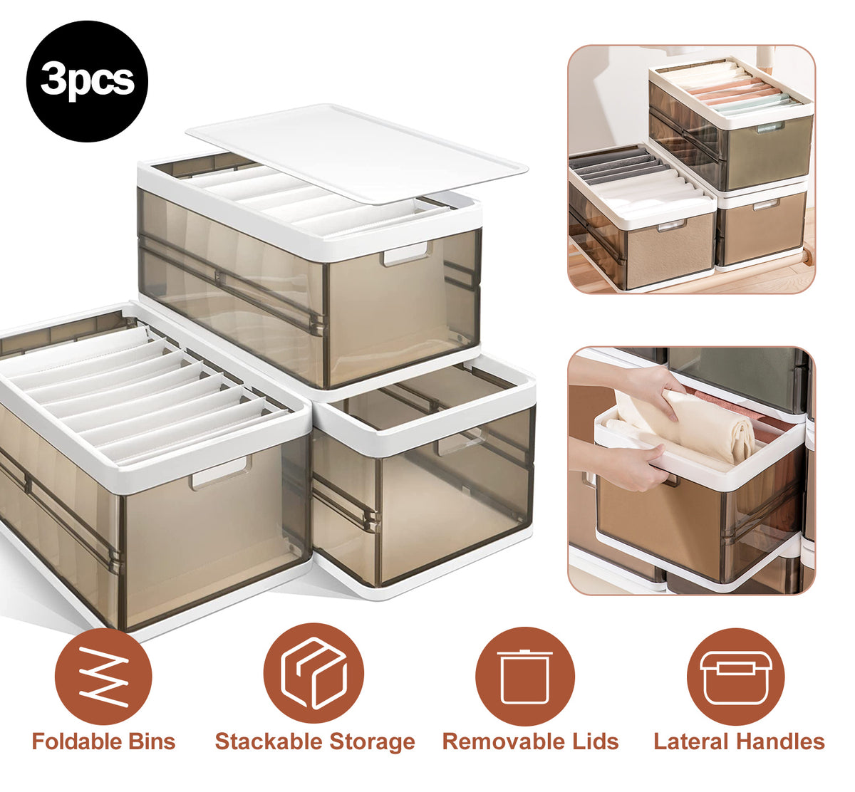 Foldable Storage Bins with Lids - 3 Pack Stackable Organizer