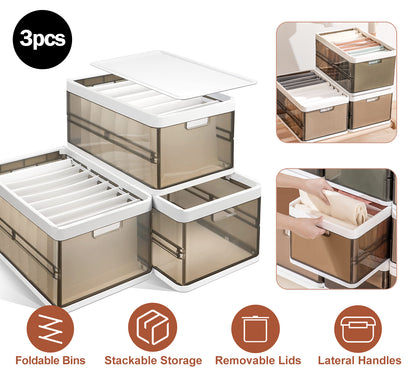 Foldable Storage Bins with Lids - 3 Pack Stackable Organizer