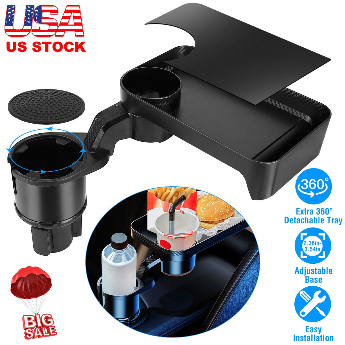 Car Cup Holder Tray with 360° Rotating Organizer
