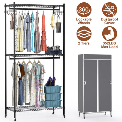 2-Tier Portable Clothing Rack with Cover and Wheels