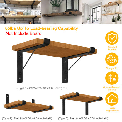 Heavy Duty Wall Mounted Shelf Brackets - 2 Pack Black Metal