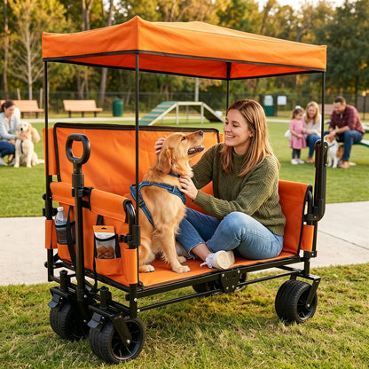 Folding Wagon Cart with Bench Seat & Canopy, 500lbs Capacity