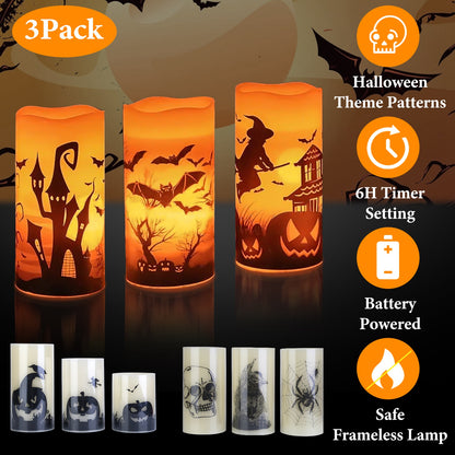 Flameless Halloween Candles with Timer - 3 Pack LED Battery Operated