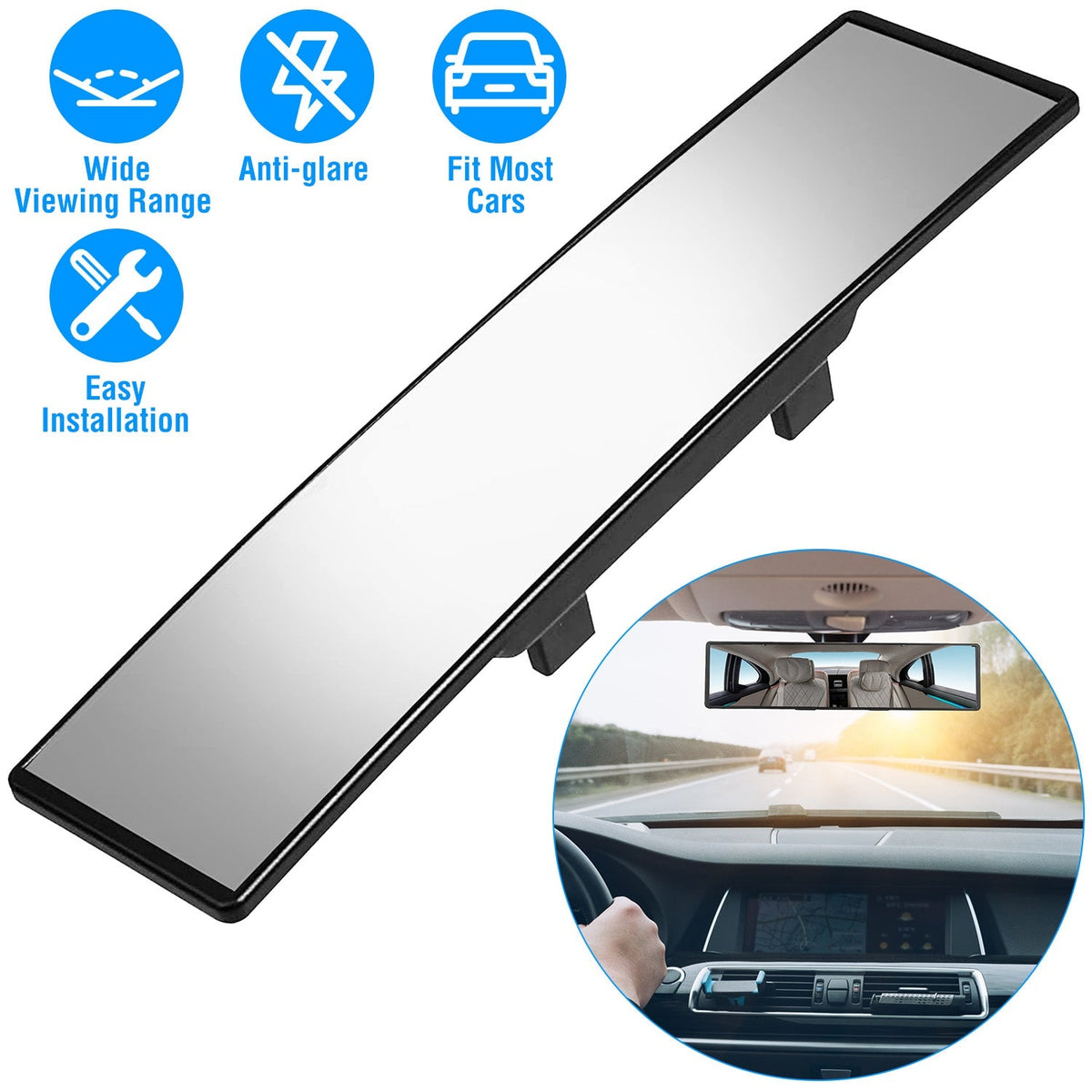 Car Rearview Mirror 11.4in Interior Clip-on Curve Convex Panoramic Anti-glare Rear View Mirrors with Wide Viewing Range for Cars SUVs Trucks Vehicles